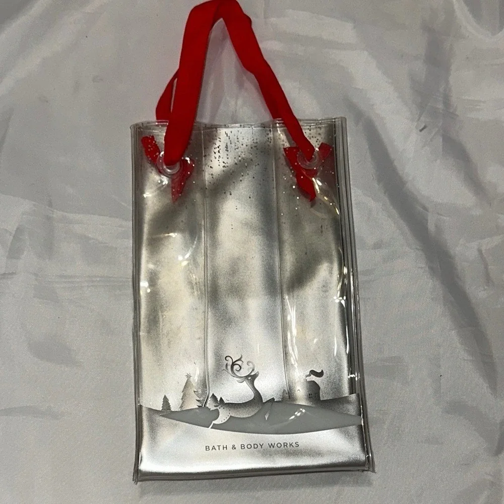 Bath & Body Works Silver Reindeer Holiday Gift Bag Clear PVC Red Ribbon Handle